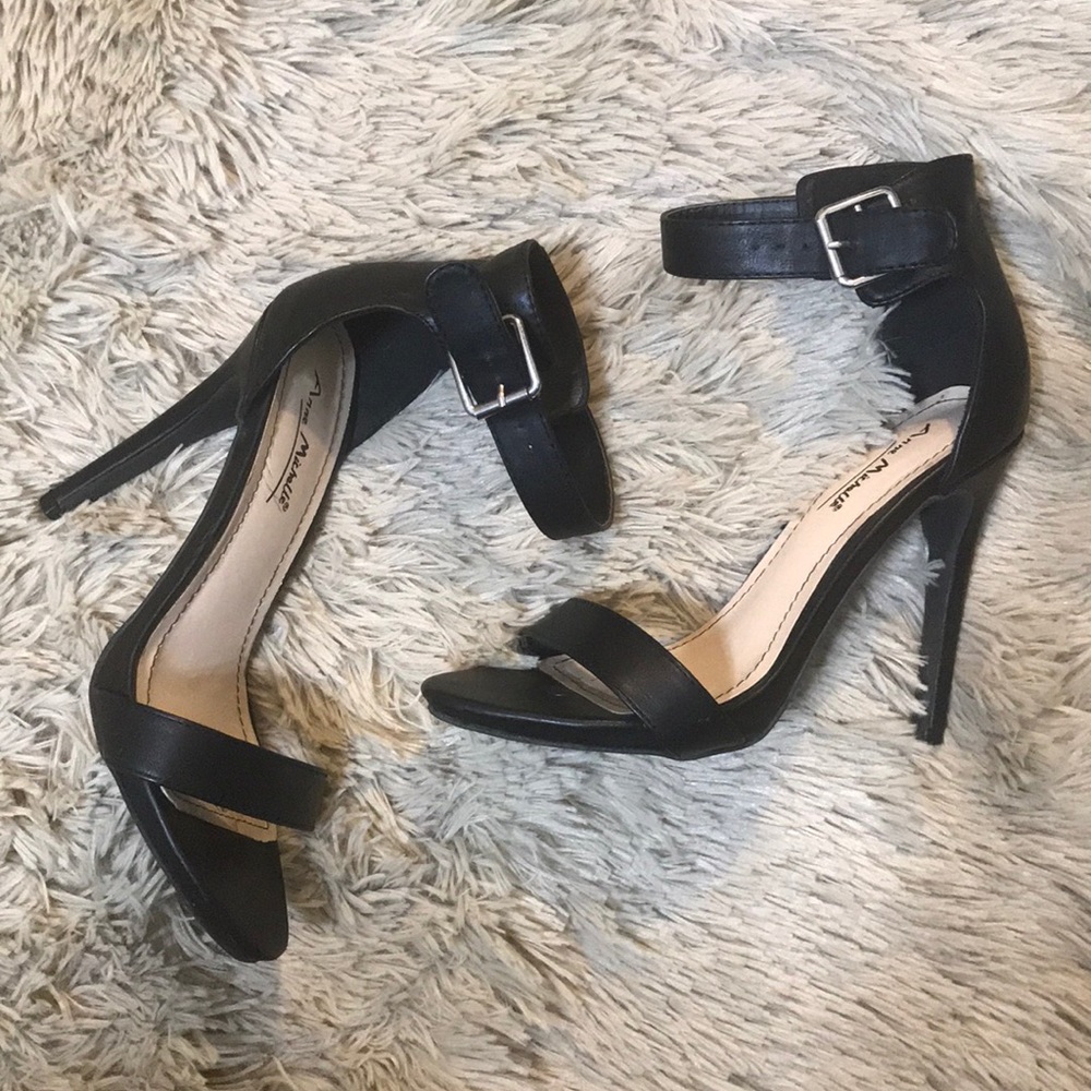 Black single ankle strap open toe heel